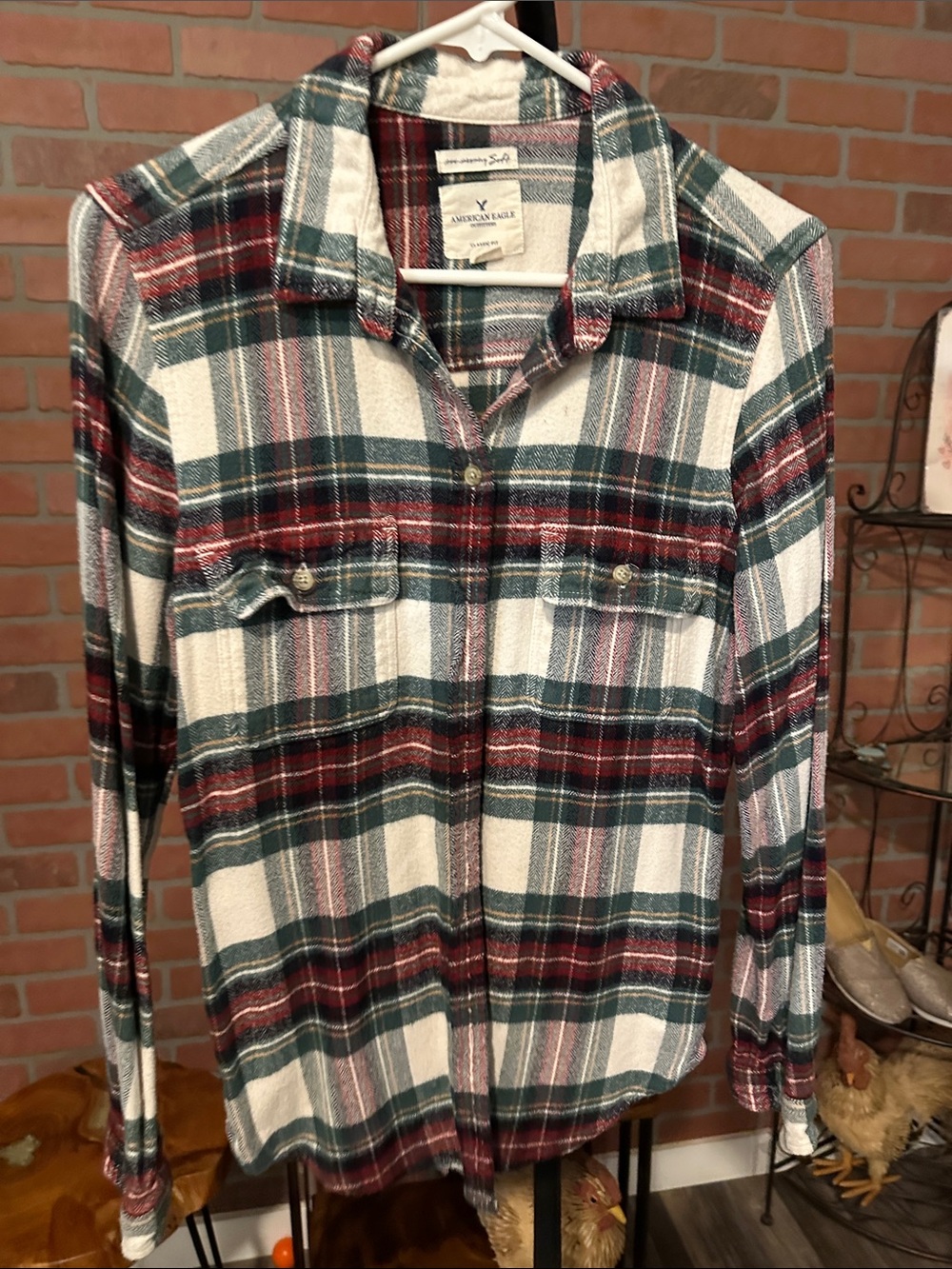 American Eagle Outfitters Plaid Button-Front Jacket - Cream, Green & Red